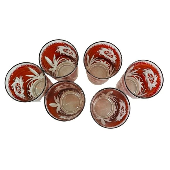 Ruby Red Flash Atomic Pinwheel Glass Set Vintage 1970's Dominion Barware - Picture 5 of 6